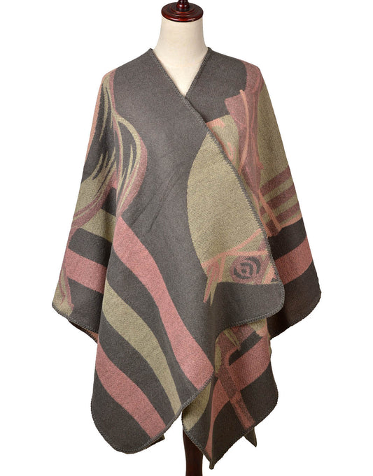 Lucilla Ivy Rich Cashmere Equestrian Themed Poncho Wrap - Pink
