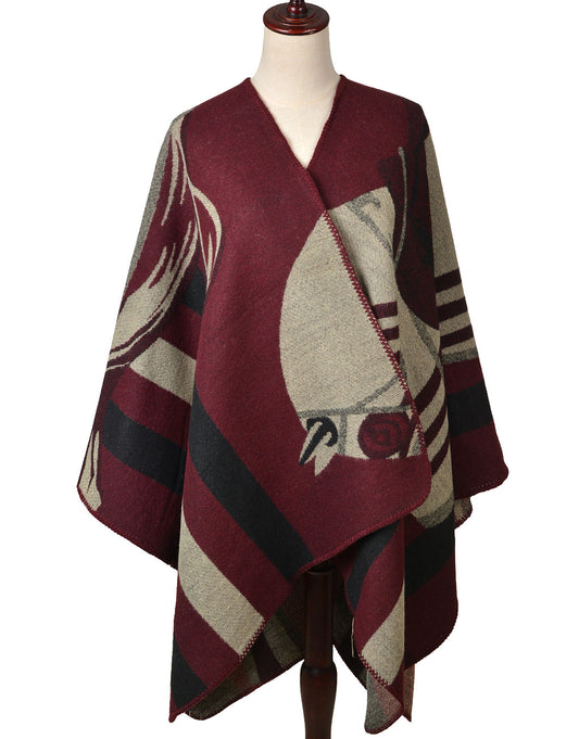 Lucilla Ivy Luxe Cashmere Equestrian Themed Poncho Wrap - Rich Wine