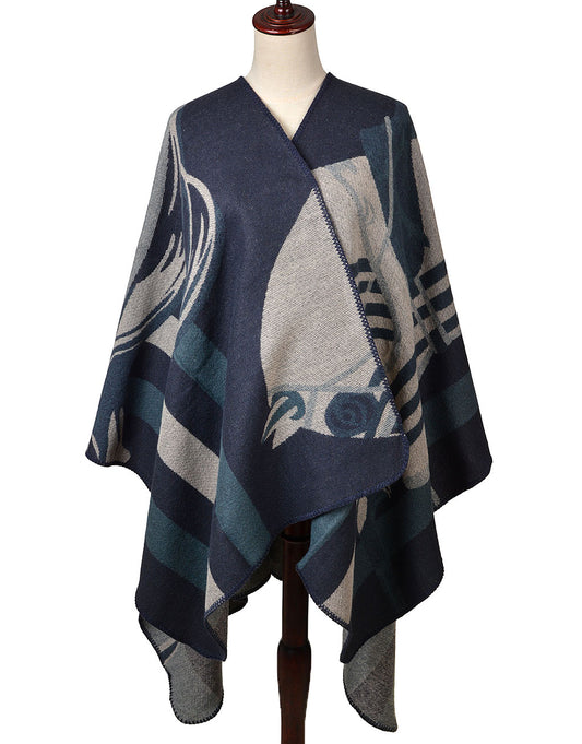 Lucilla Ivy Rich Cashmere Equestrian Themed Wrap - Navy