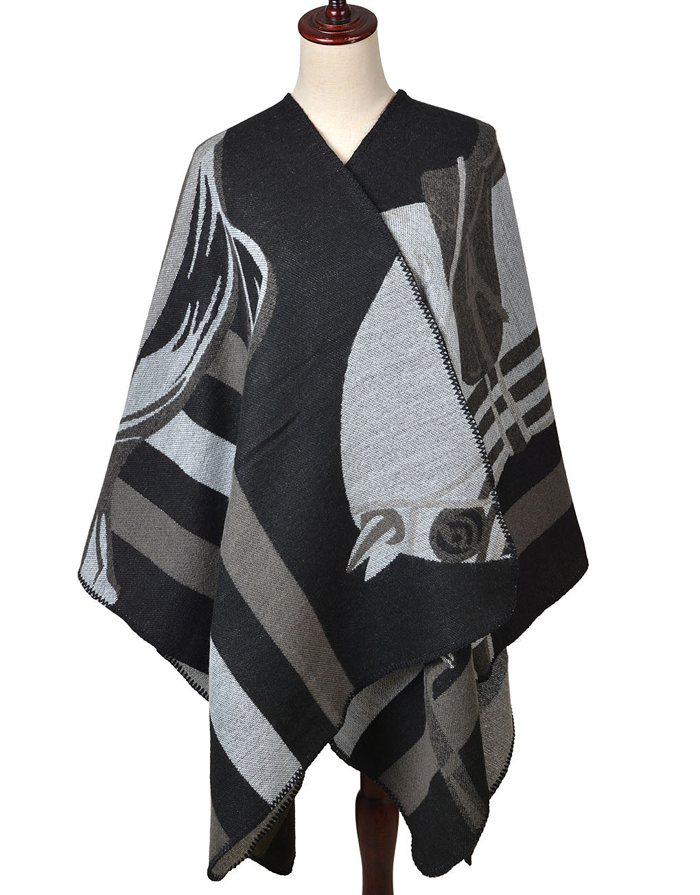 Philomena London Cashmere Equestrian Themed Poncho Wrap - Black